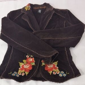 Kikit Jeans Western Boho Vintage Brown Corduroy Floral Embroidery Jacket